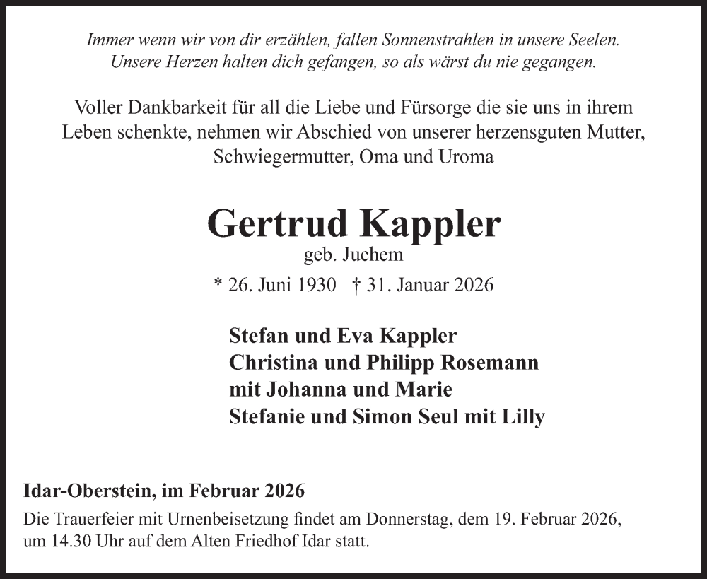  Traueranzeige für Gertrud Kappler vom 14.02.2026 aus WochenSpiegel