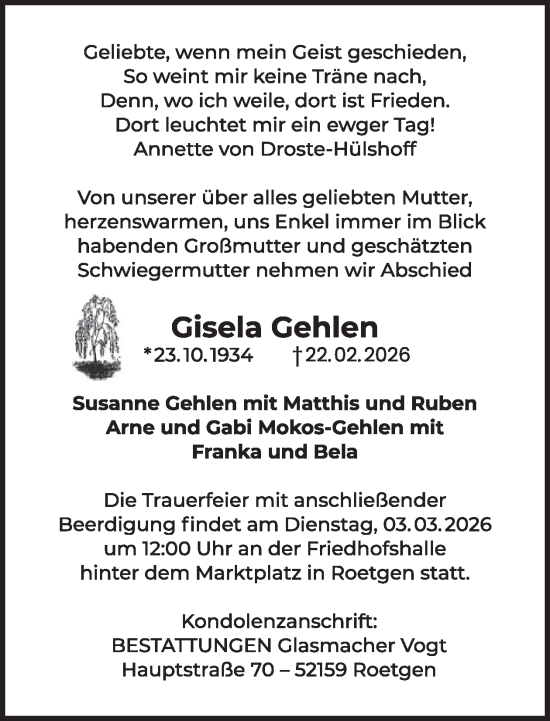 Traueranzeige von Gisela Gehlen von WochenSpiegel