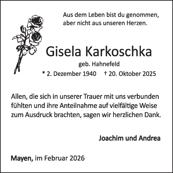 Traueranzeige von Gisela Karkoschka von WochenSpiegel