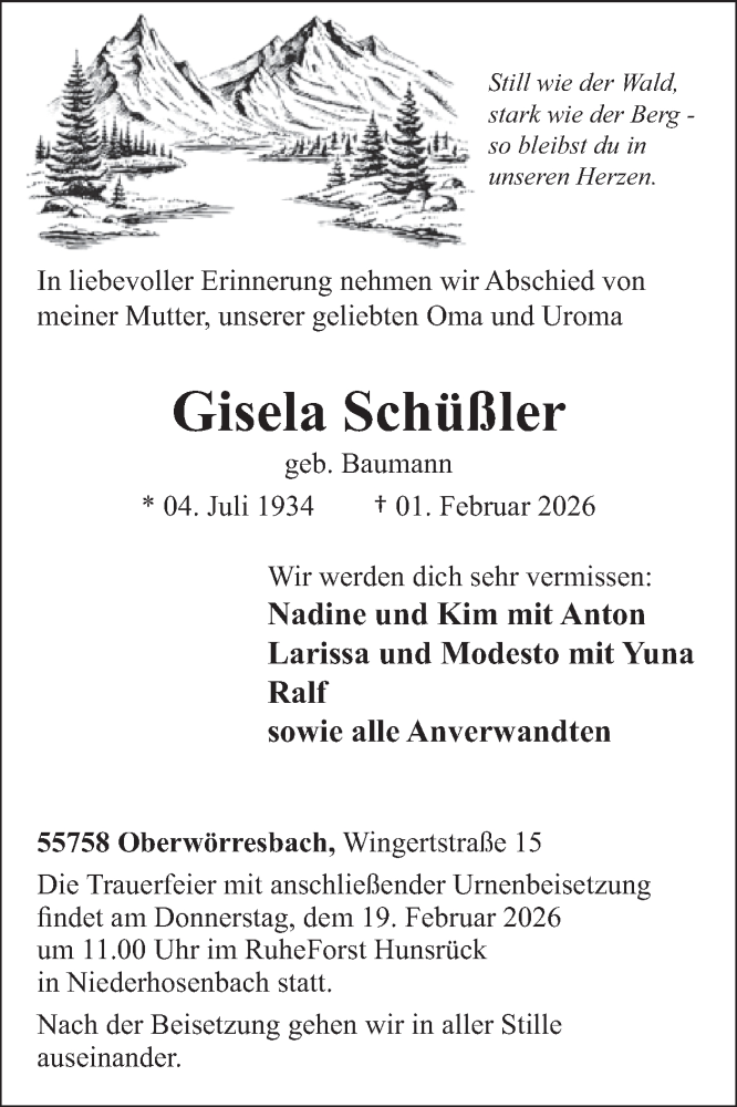 Traueranzeige für Gisela Schüßler vom 07.02.2026 aus WochenSpiegel