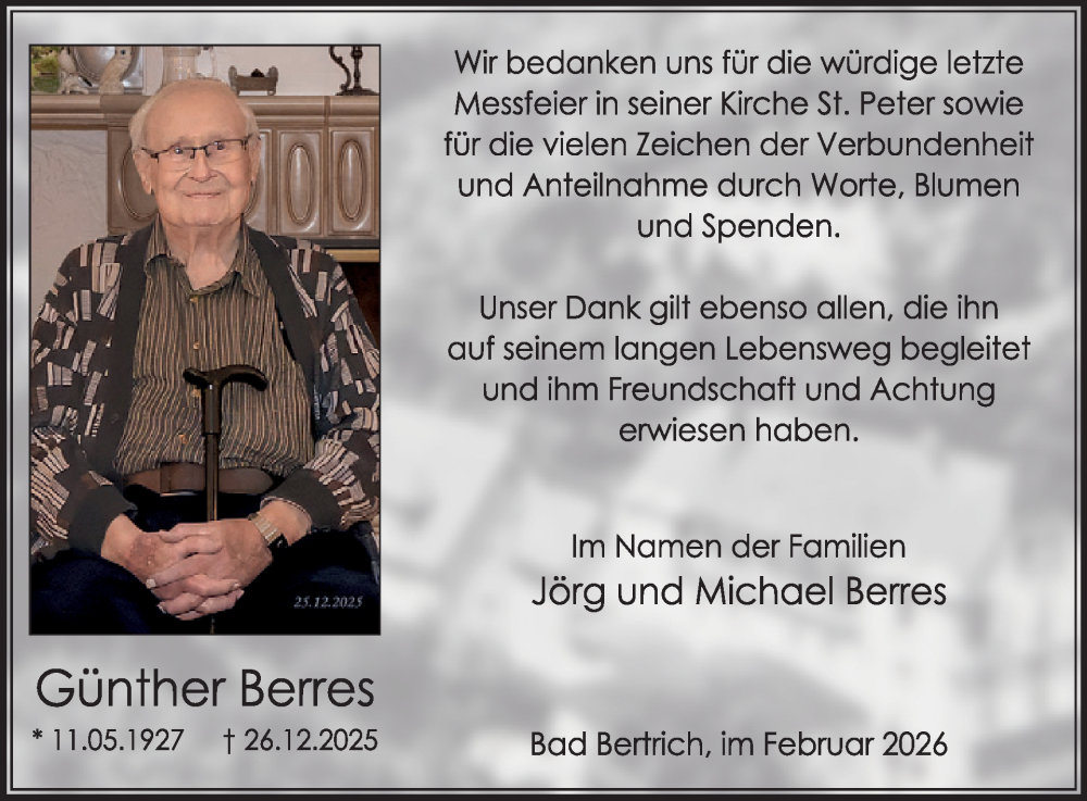  Traueranzeige für Günther Berres vom 04.02.2026 aus WochenSpiegel