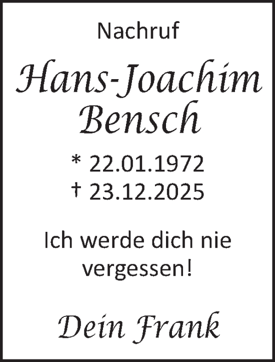 Traueranzeige von Hans-Joachim Bensch von WochenSpiegel