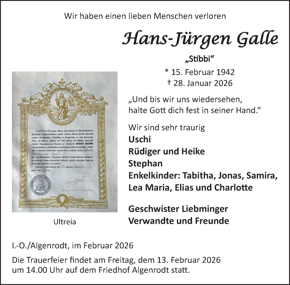  Traueranzeige für Hans-Jürgen Galle vom 07.02.2026 aus WochenSpiegel