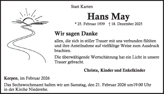 Traueranzeige von Hans May von WochenSpiegel