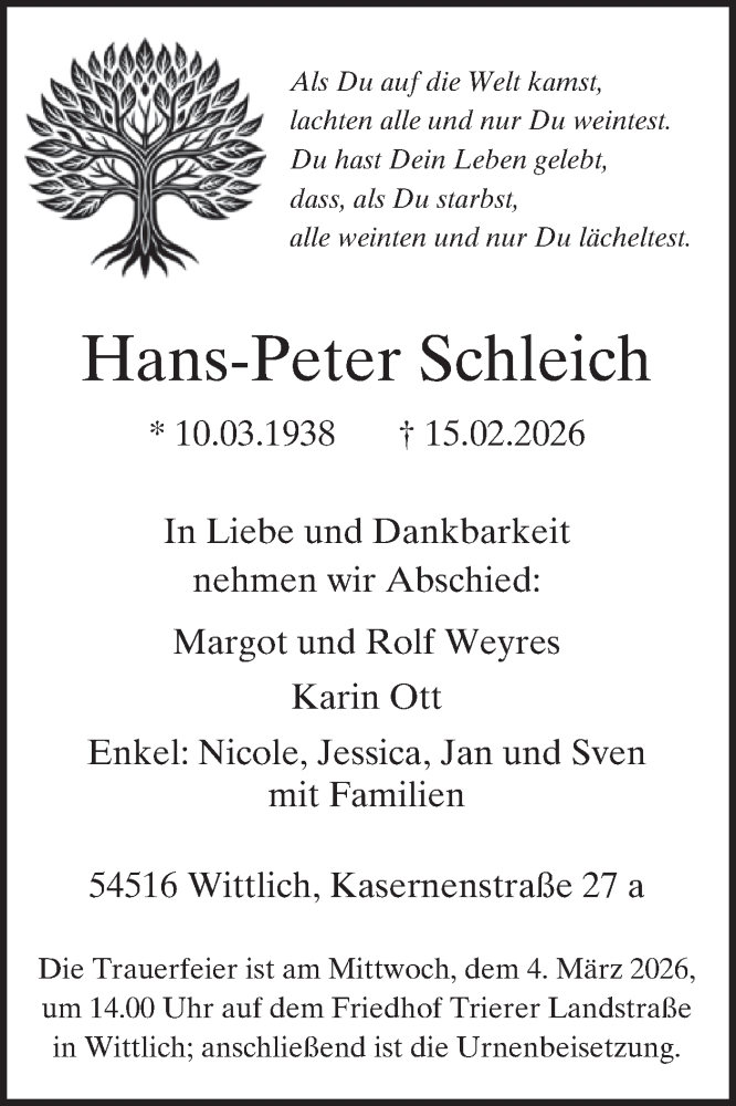  Traueranzeige für Hans-Peter Schleich vom 27.02.2026 aus WochenSpiegel