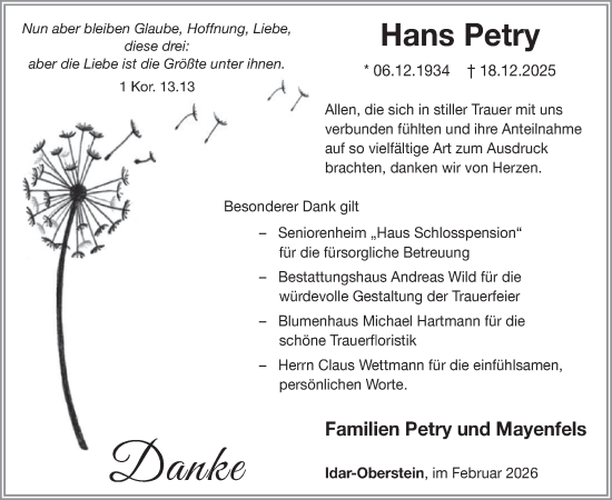 Traueranzeige von Hans Petry von WochenSpiegel