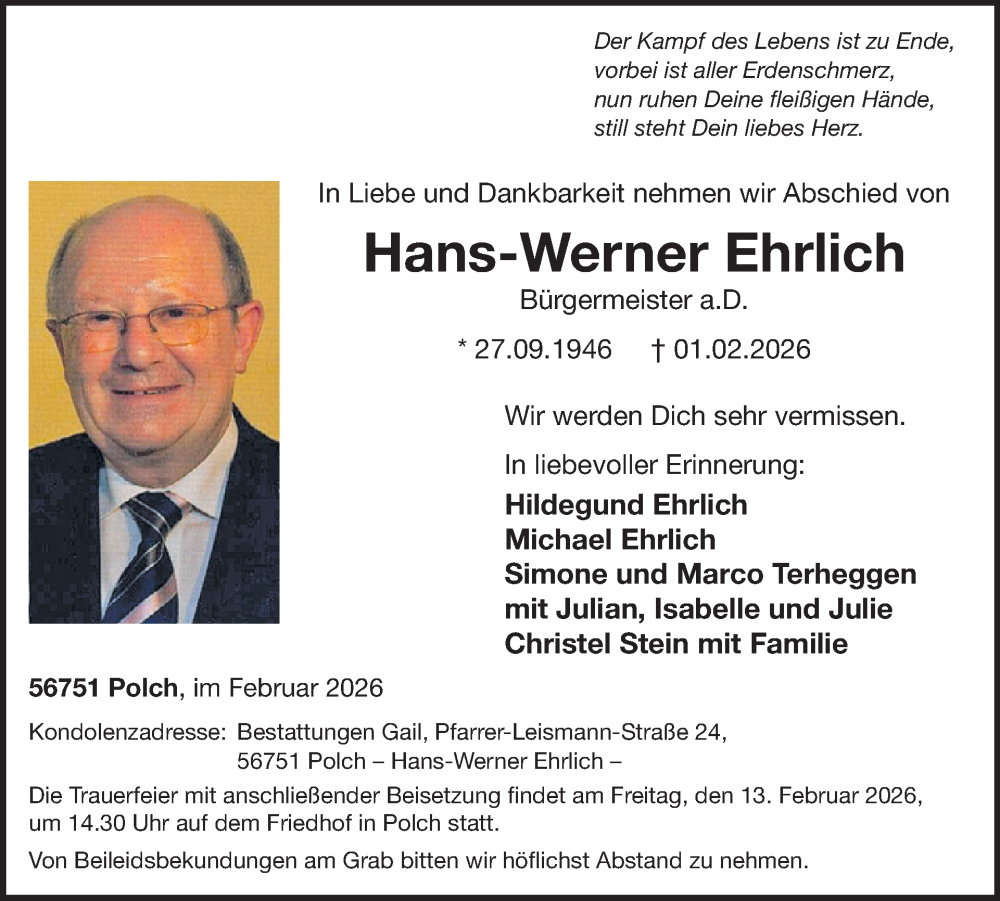  Traueranzeige für Hans-Werner Ehrlich vom 11.02.2026 aus WochenSpiegel