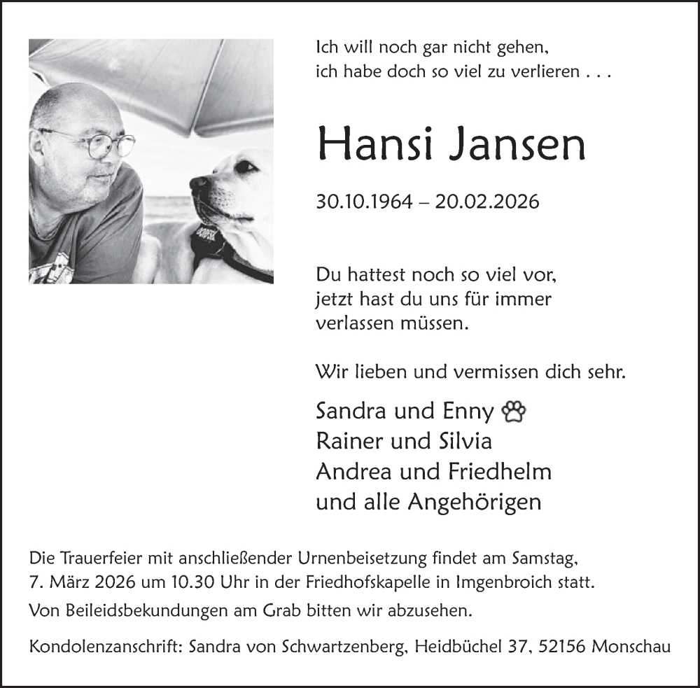  Traueranzeige für Hansi Jansen vom 25.02.2026 aus WochenSpiegel