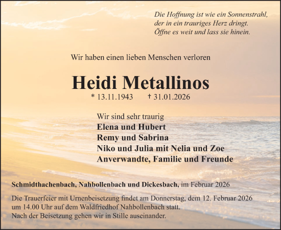 Traueranzeige von Heidi Metallinos von WochenSpiegel