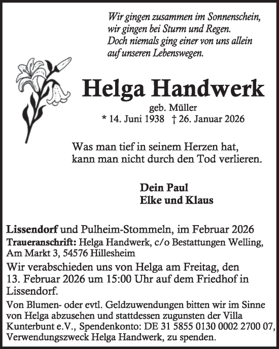 Traueranzeige von Helga Handwerk von WochenSpiegel