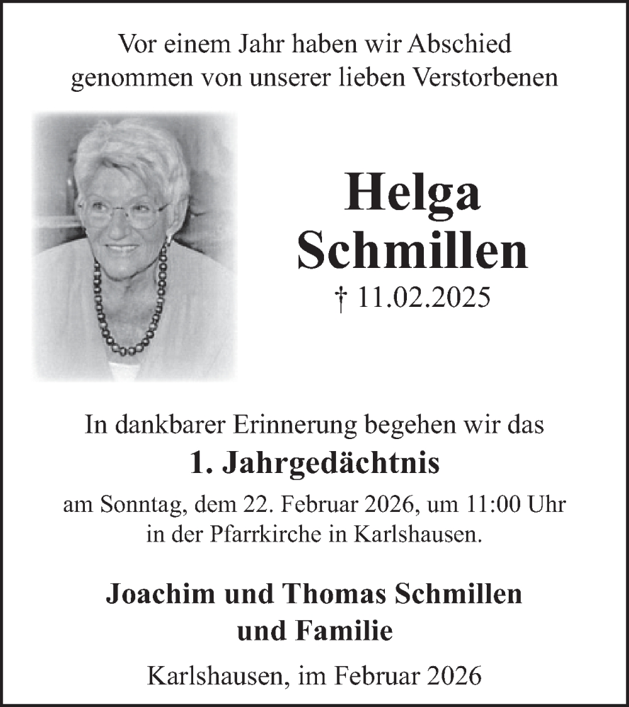  Traueranzeige für Helga Schmillen vom 20.02.2026 aus WochenSpiegel