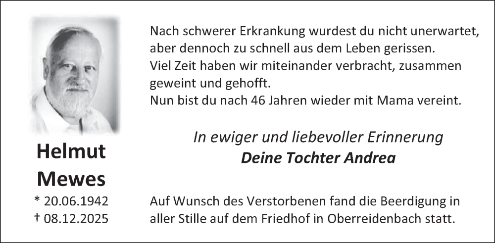  Traueranzeige für Helmut Mewes vom 14.02.2026 aus WochenSpiegel