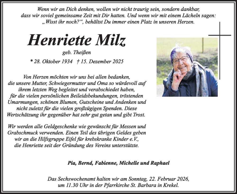  Traueranzeige für Henriette Milz vom 11.02.2026 aus WochenSpiegel