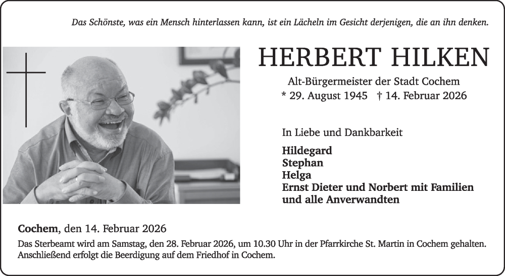  Traueranzeige für Herbert Hilken vom 25.02.2026 aus WochenSpiegel