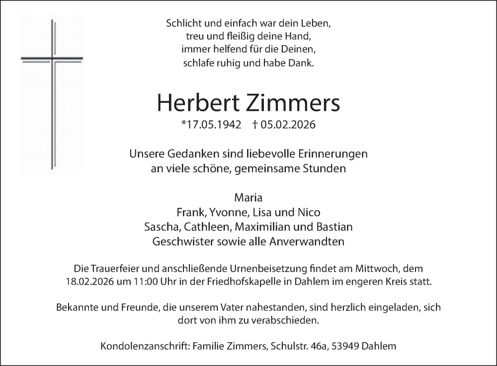  Traueranzeige für Herbert Zimmers vom 11.02.2026 aus WochenSpiegel