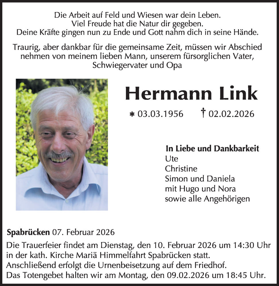  Traueranzeige für Hermann Link vom 07.02.2026 aus WochenSpiegel