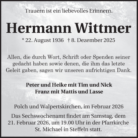 Traueranzeige von Hermann Wittmer von WochenSpiegel