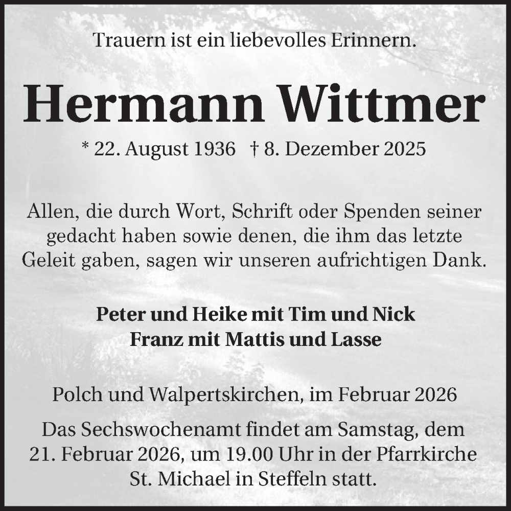  Traueranzeige für Hermann Wittmer vom 14.02.2026 aus WochenSpiegel
