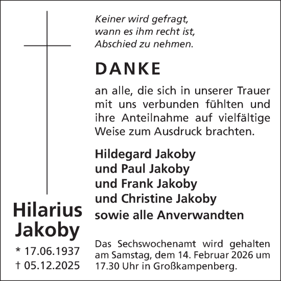 Traueranzeige von Hilarius Jakoby von WochenSpiegel