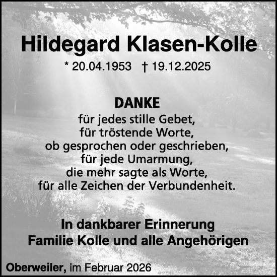 Traueranzeige von Hildegard Klasen-Kolle von WochenSpiegel