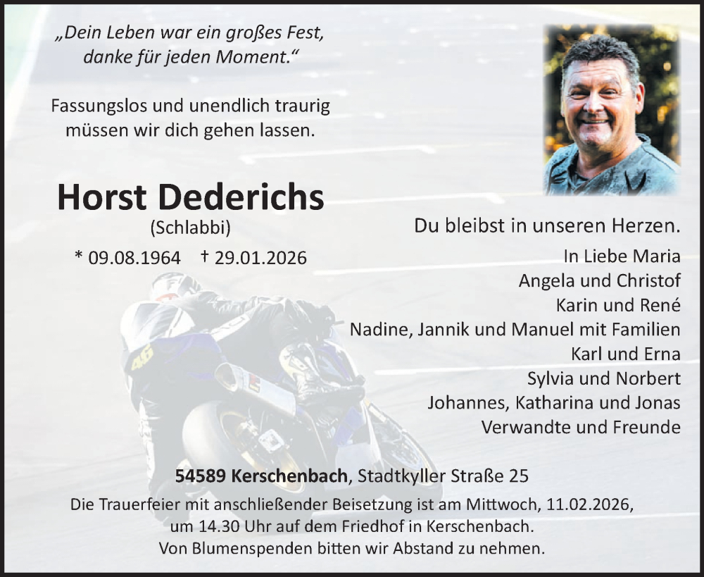  Traueranzeige für Horst Dederichs vom 06.02.2026 aus WochenSpiegel