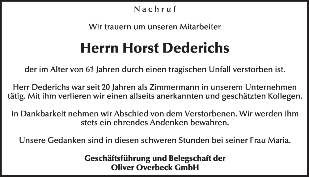  Traueranzeige für Horst Dederichs vom 07.02.2026 aus WochenSpiegel