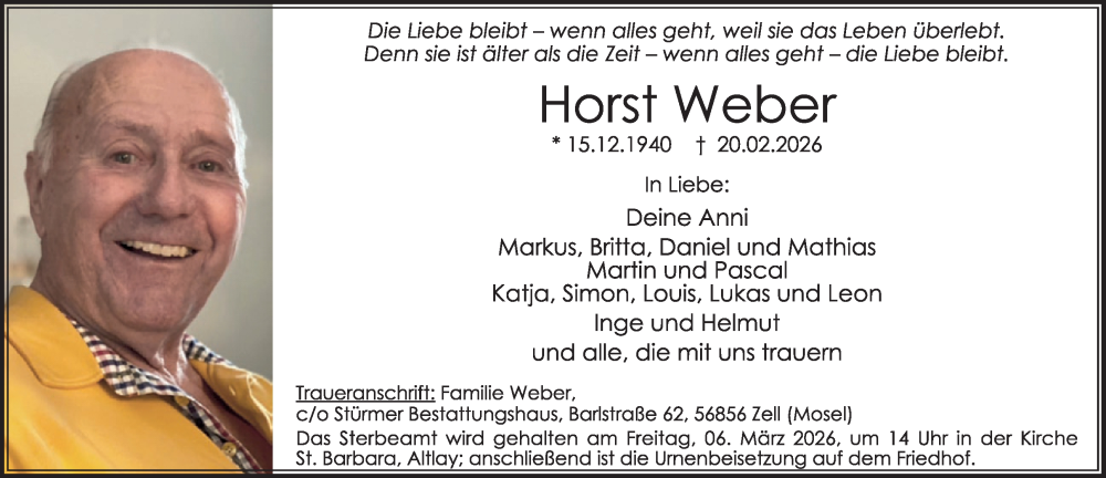  Traueranzeige für Horst Weber vom 28.02.2026 aus WochenSpiegel