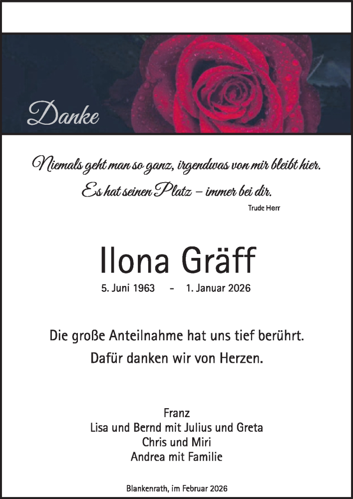  Traueranzeige für Ilona Gräff vom 25.02.2026 aus WochenSpiegel