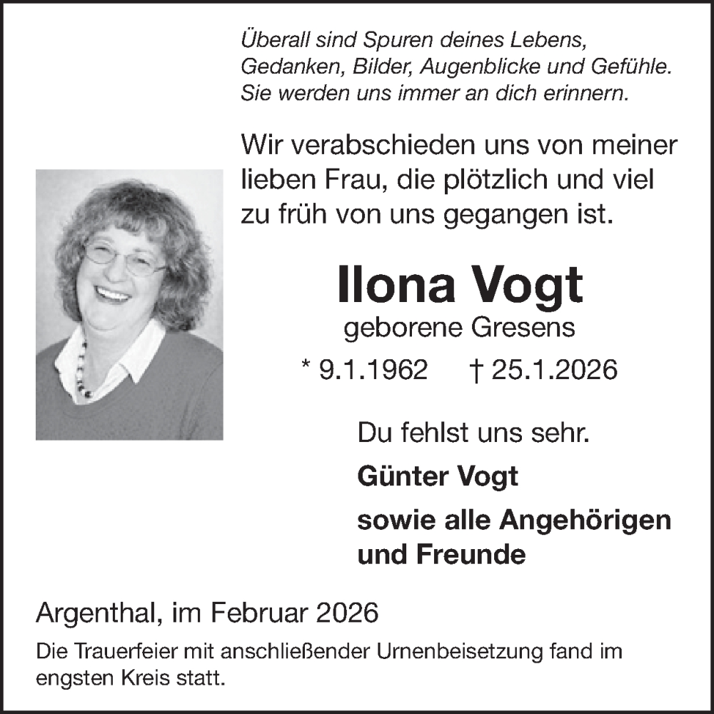  Traueranzeige für Ilona Vogt vom 14.02.2026 aus WochenSpiegel