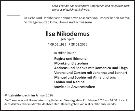 Traueranzeige von Ilse Nikodemus von WochenSpiegel