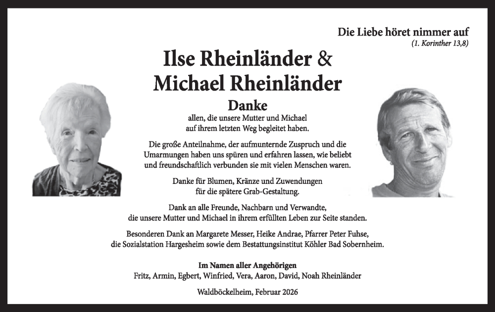  Traueranzeige für Ilse Rheinländer vom 14.02.2026 aus WochenSpiegel