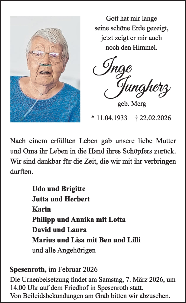  Traueranzeige für Inge Jungherz vom 28.02.2026 aus WochenSpiegel