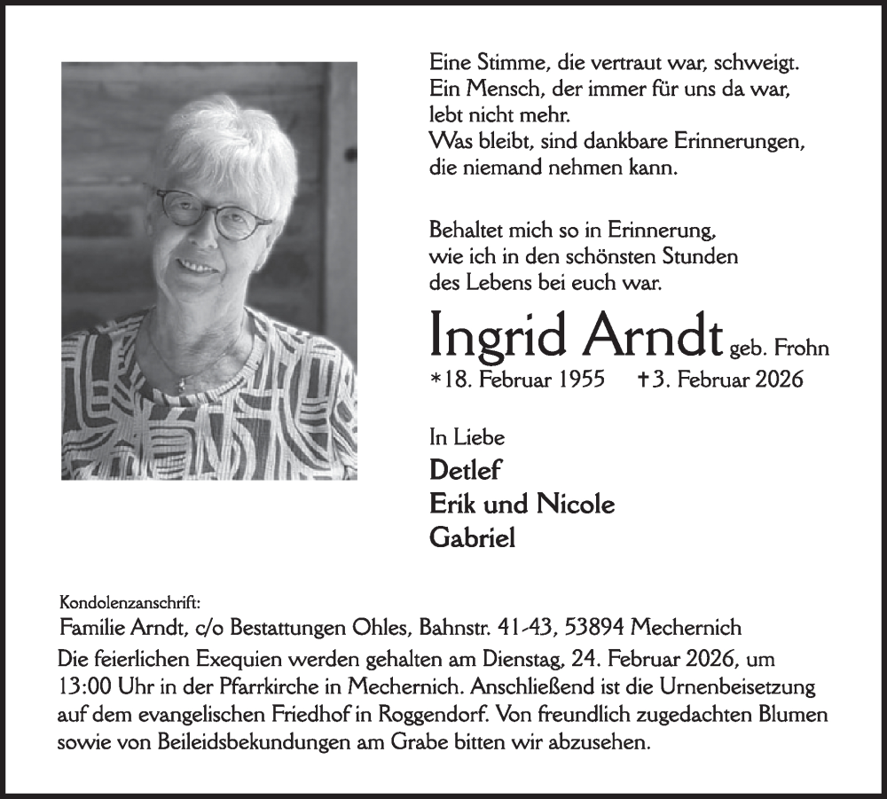  Traueranzeige für Ingrid Arndt vom 11.02.2026 aus WochenSpiegel