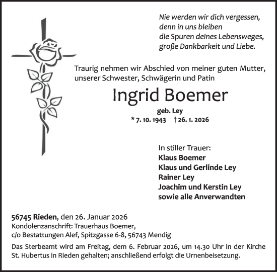 Traueranzeige von Ingrid Boemer von WochenSpiegel