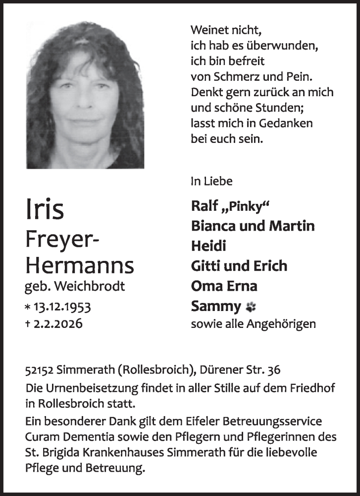  Traueranzeige für Iris Freyer-Hermanns vom 11.02.2026 aus WochenSpiegel