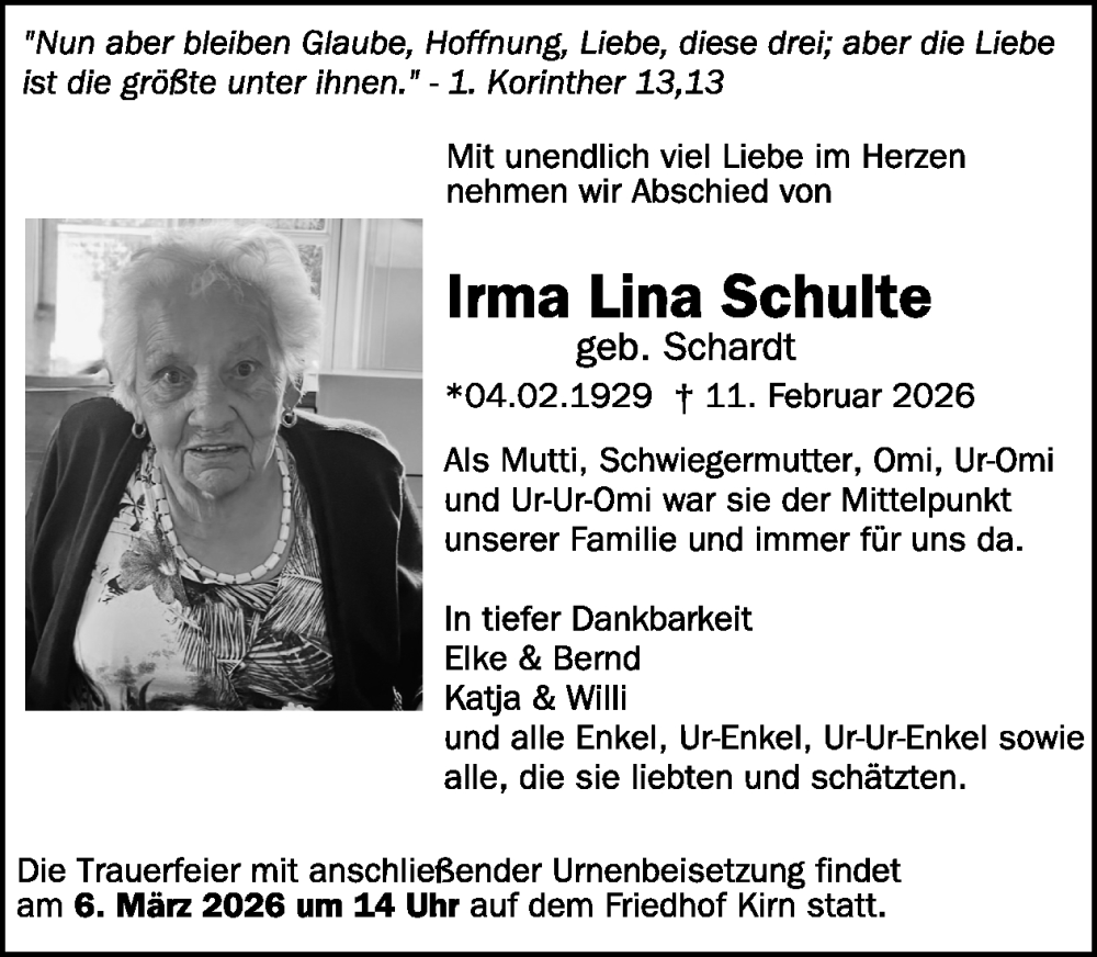  Traueranzeige für Irma Lina Schulte vom 28.02.2026 aus WochenSpiegel