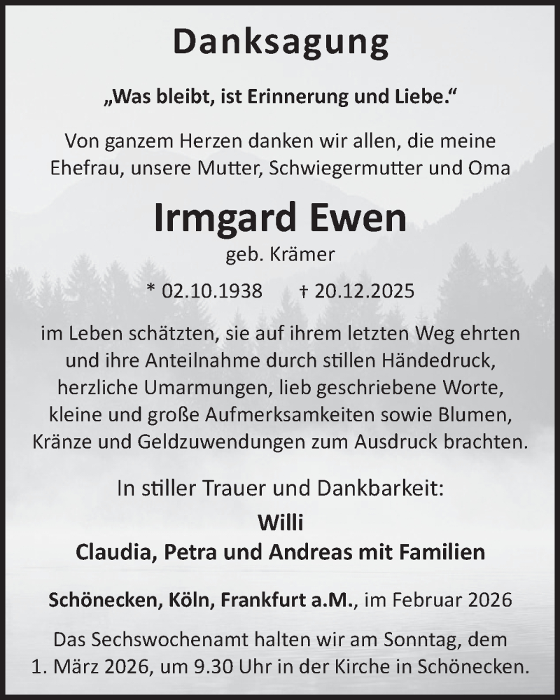  Traueranzeige für Irmgard Ewen vom 27.02.2026 aus WochenSpiegel