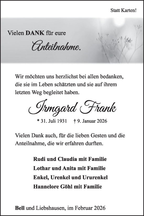 Traueranzeige von Irmgard Frank von WochenSpiegel