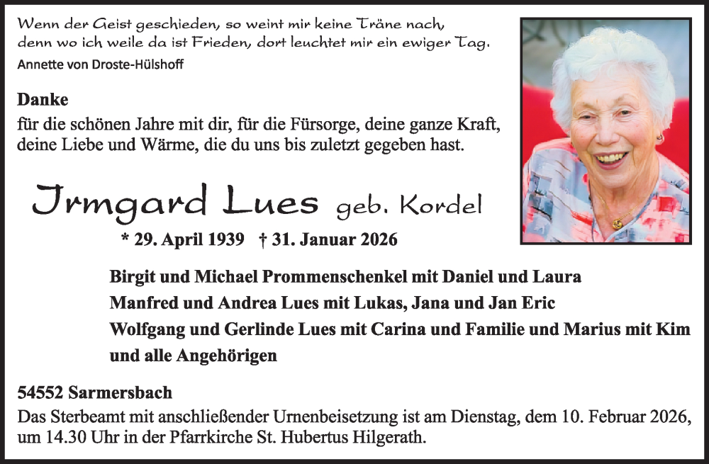  Traueranzeige für Irmgard Lues vom 07.02.2026 aus WochenSpiegel