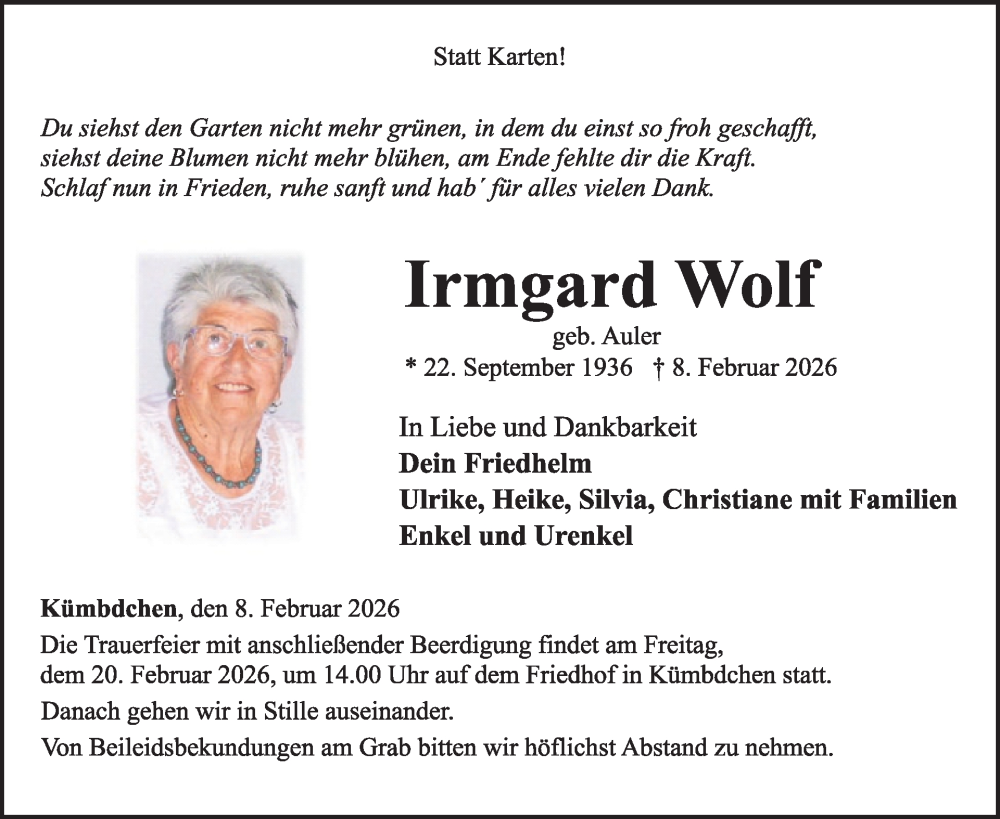  Traueranzeige für Irmgard Wolf vom 14.02.2026 aus WochenSpiegel