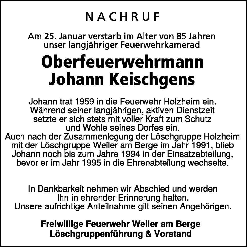  Traueranzeige für Johann Keischgens vom 04.02.2026 aus WochenSpiegel