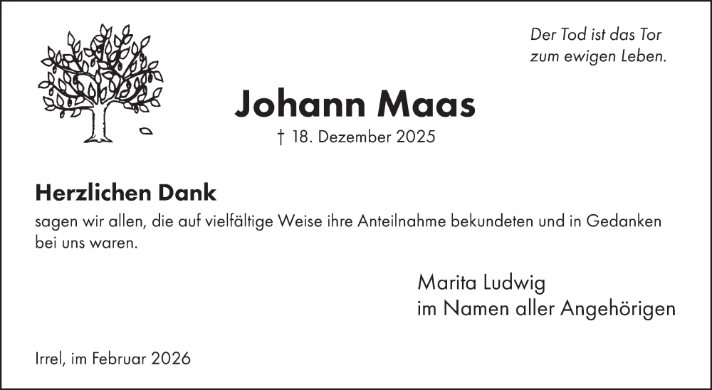  Traueranzeige für Johann Maas vom 20.02.2026 aus WochenSpiegel