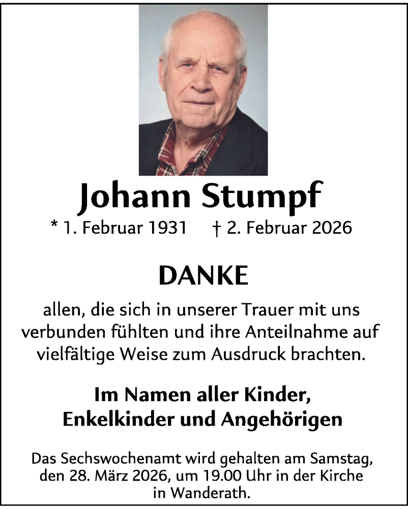  Traueranzeige für Johann Stumpf vom 18.02.2026 aus WochenSpiegel
