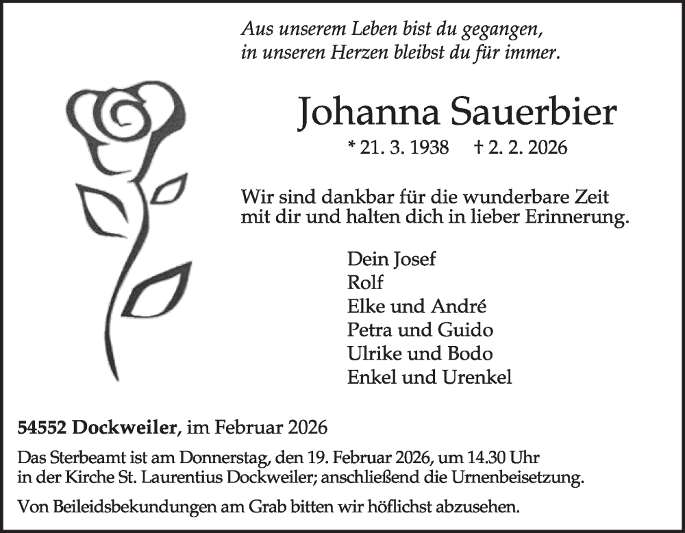  Traueranzeige für Johanna Sauerbier vom 14.02.2026 aus WochenSpiegel