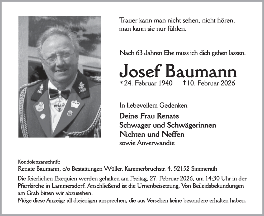 Traueranzeige für Josef Baumann vom 18.02.2026 aus WochenSpiegel