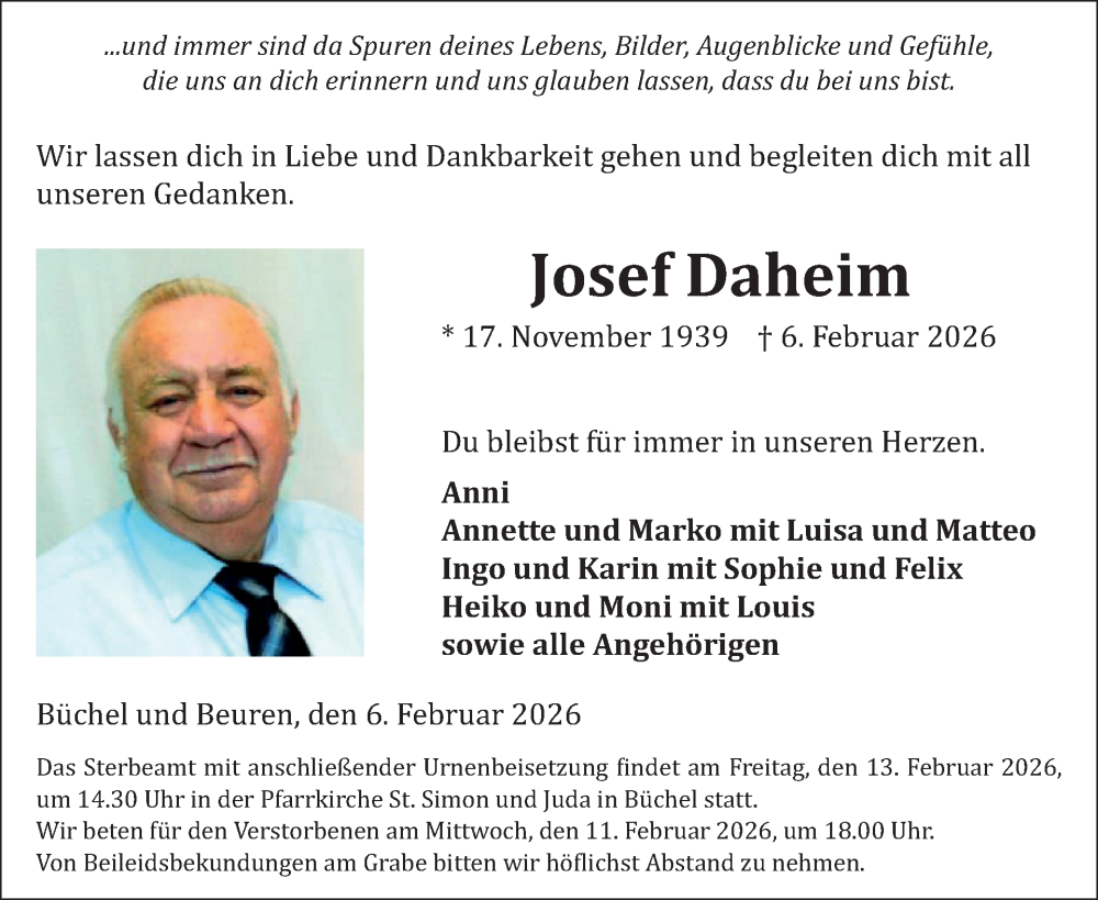  Traueranzeige für Josef Daheim vom 11.02.2026 aus WochenSpiegel