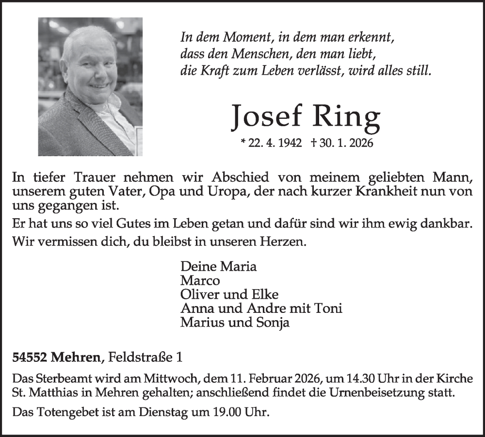  Traueranzeige für Josef Ring vom 07.02.2026 aus WochenSpiegel
