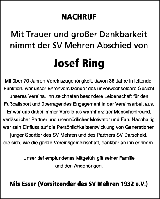 Traueranzeige von Josef Ring von WochenSpiegel