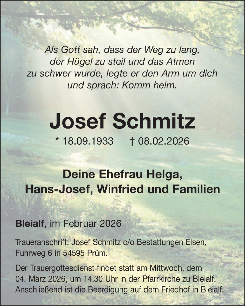  Traueranzeige für Josef Schmitz vom 20.02.2026 aus WochenSpiegel