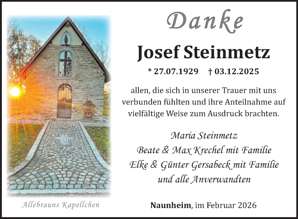  Traueranzeige für Josef Steinmetz vom 11.02.2026 aus WochenSpiegel